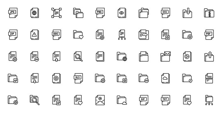 File and document icon set. Minimal line icons pack. Includes symbols for folder, pdf, zip, download, upload, search, file format, email, settings, delete, favorite, security and more.