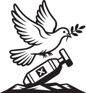 A vector illustration of peace dove flying with olive branch above a disarmed bomb, symbolizing hope and anti-war.