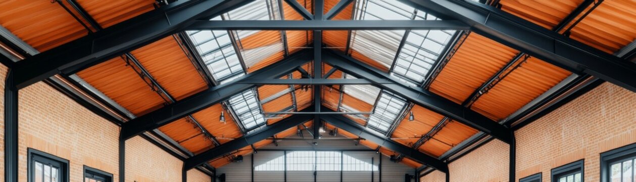 Symmetrical modern industrial interior Upward view of intersecting black steel beams, vibrant orange roof panels and skylights, showcasing structural design and natural light. Trusses,