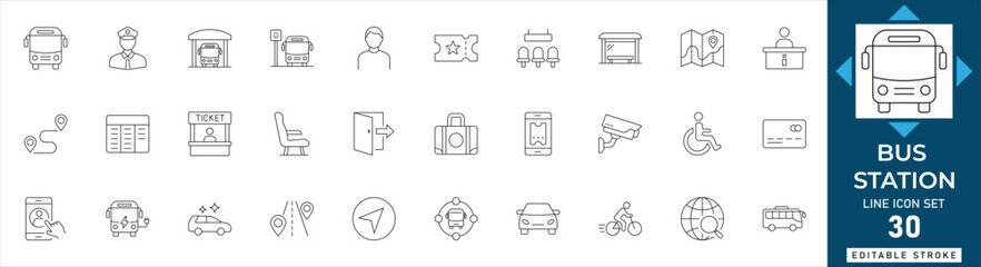 Bus station line icon set featuring public transport, terminal, bus stop, schedule, ticket, and travel navigation. Professional editable vector illustration for transit and travel apps. © MdAzizar