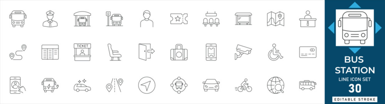 Bus station line icon set featuring public transport, terminal, bus stop, schedule, ticket, and travel navigation. Professional editable vector illustration for transit and travel apps.