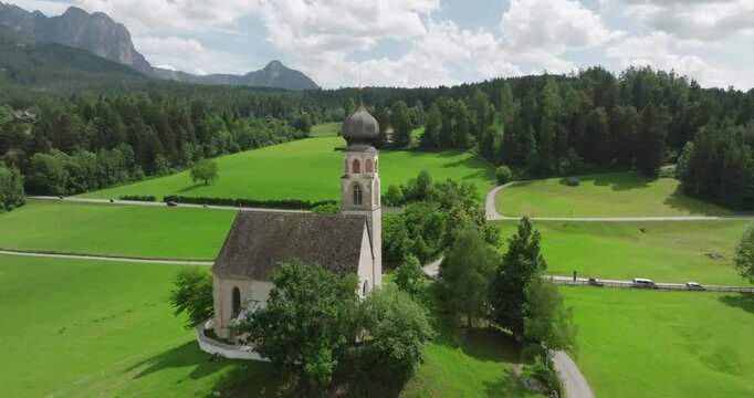 Aerial of St. Constantine Church, Dolomites, Italy