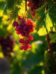 Naklejka premium Vibrant cluster of ripe grapes glowing in warm sunlight surrounded by lush green vineyard leaves on a sunny day with soft natural background bokeh