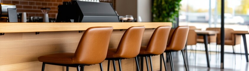 Fototapeta premium Warm and modern cafe interior features a row of tan leather bar stools at a light wood counter, with a coffee bar and outdoor view. Serene, awaiting patrons.,Cafe ,Modern
