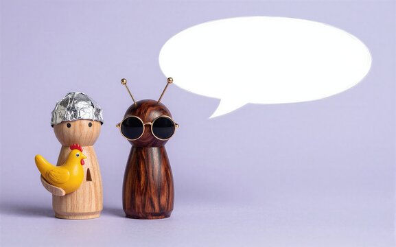 Wooden figures one with chicken and foil hat another in sunglasses.