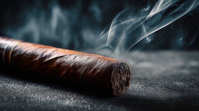 A dark brown cigar emitting delicate smoke resting on a textured surface with a smoky background creating a moody and atmospheric composition for lifestyle concepts