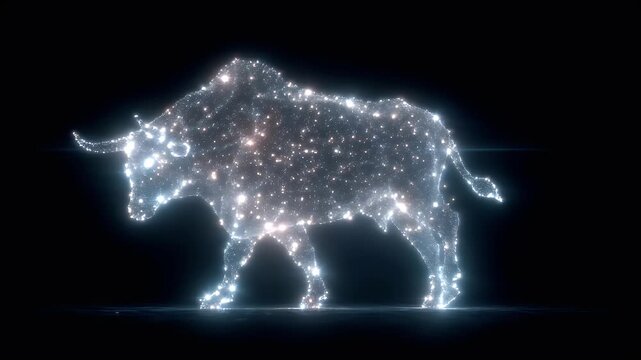 Space universe exploration, fantasy, mysterious. A digital artwork depicts a luminous, abstract depiction of a bison. The bison is depicted in a side profile.