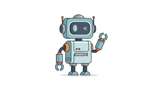 Cute blue robot character waving hand with friendly expression on white background.