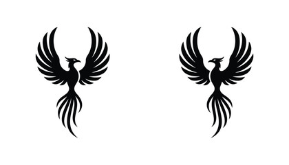 Obraz premium Phoenix bird rising icon set in stylized outline and solid black silhouette for mythology and rebirth branding concepts isolated on white background