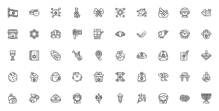Hanukkah icon set. Jewish holiday vector pack. Minimal line icons. Featuring menorah, dreidel, Star of David, gift, candle, latkes, sufganiyah, Torah, wine, shofar, gelt and more. Editable stroke.