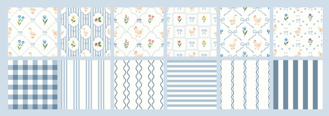 Coquette floral trellis seamless pattern with bows, flowers, goose and chicken. Preppy spring summer print. Cottagecore aesthetic. Cute background for fabric, wrapping paper, decor, wallpaper. © Palung
