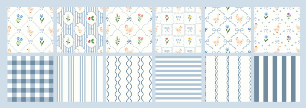 Coquette floral trellis seamless pattern with bows, flowers, goose and chicken. Preppy spring summer print. Cottagecore aesthetic. Cute background for fabric, wrapping paper, decor, wallpaper.