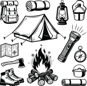 Essential outdoor camping gear collection tent backpack lantern axe map boots and fire
