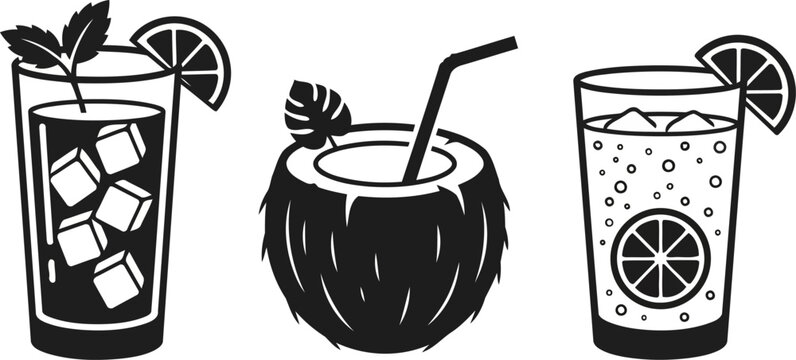 Refreshing summer tropical drinks icons coconut iced tea and citrus beverage with ice cubes