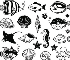 Obraz premium Black and white flat vector illustrations of ocean life summer set isolated on white background