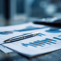 Fototapeta premium Pen lying on printed business documents with bar graphs and charts to analyze financial data on office desk during work