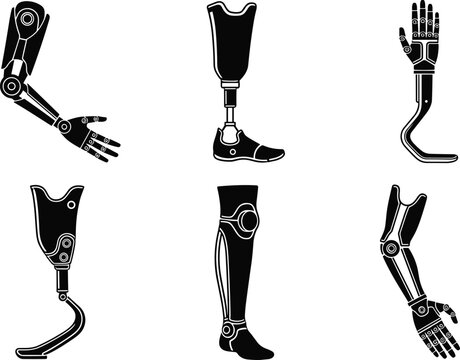 Prosthetic Arm and Leg Icon Set with Artificial Limbs, Medical Equipment, and Healthcare Illustrations for Vector Design Projects