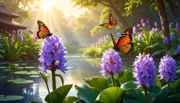 Butterflies over water hyacinths