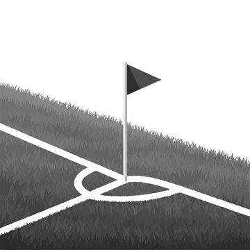 An abstract top-down view of a soccer pitch corner, emphasizing the sharp white lines, the corner flag, and the texture of the grass represented by solid gray blocks, cinematic monochrome,