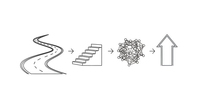Sequential line icons representing business success journey and problem solving steps.