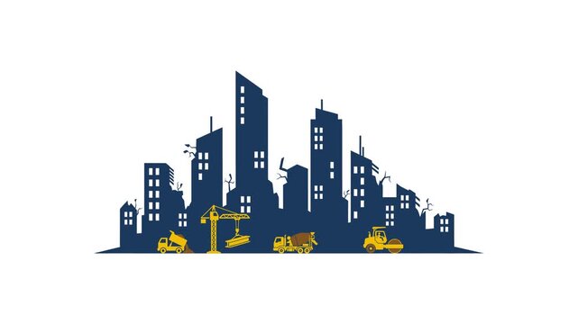 Animated Silhouette Of A Modern City Skyline Featuring Construction Vehicles Like Cranes And Trucks Moving To Represent Urban Development Progress And Civil Engineering Growth Industry Concepts