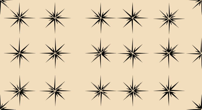 Black starburst pattern, geometric shapes, beige background, abstract design, seamless repeat