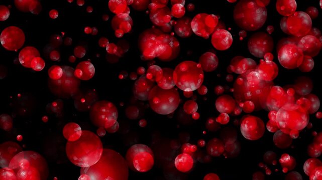 Abstract loop animation red balls bokeh particles flow on black background. 4K 3D red bokeh particles dust fly in the air. 