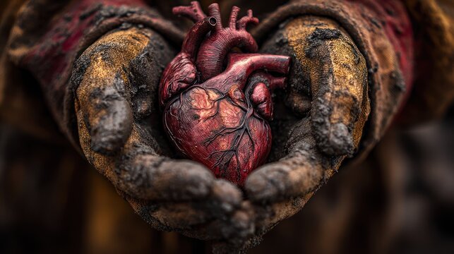 Close-up of a Realistic Human Heart Held by Dirty Hands in Dark Environment