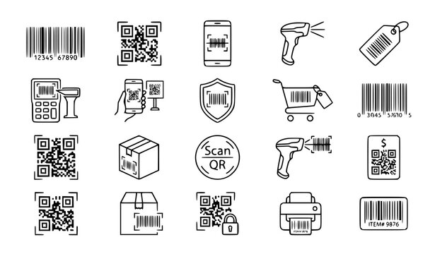Hand drawn barcode and QR code outline icon set with scanning payment and digital label symbols vector collection