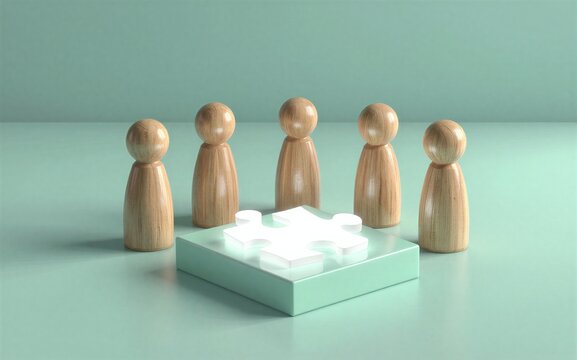 Five wooden figures gather around a glowing white puzzle piece on a