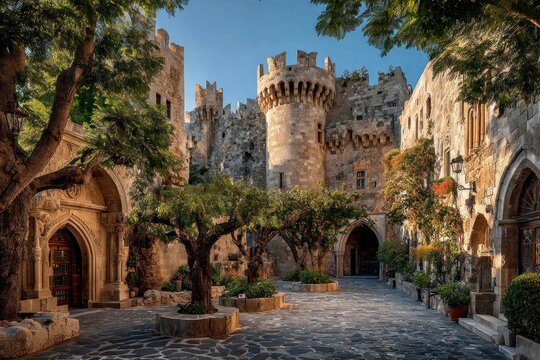 Medieval Castle Courtyard with Stone Pathway and Lush Greenery