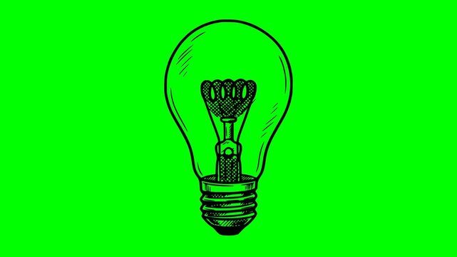 hand drawn black fill lightbulb animation representing an idea or energy solution featuring a bottom bounce movement isolated on a green screen chroma key background for easy compositing