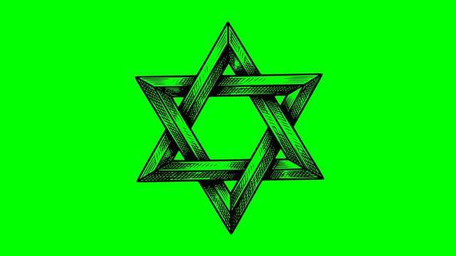 hand drawn style star of david animation with black fill lines on chroma key green screen background perfect loop jewish symbol sketch for video editing and masking