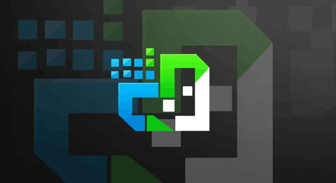 Stylized digital letter D logo with green and blue pixels