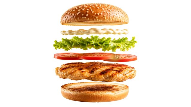 Exploded view of a classic hamburger with sesame seed bun and stock photo high resolution fresh ingredients