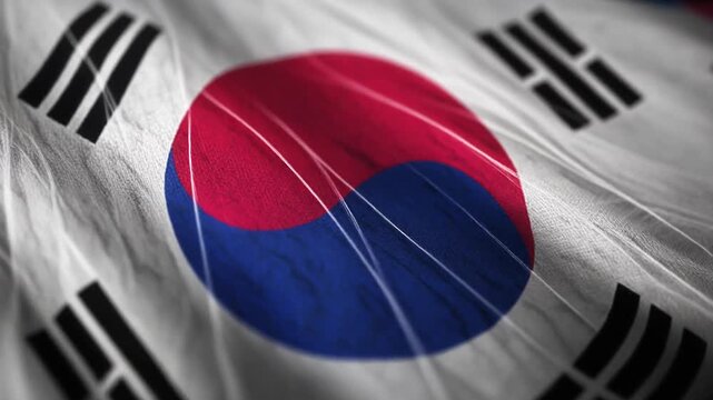 South Korean Flag Waving Gracefully in the Wind Against Clear Blue Sky in Slow Motion