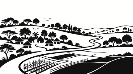 Obraz premium Black and white illustration of an African rural landscape with traditional huts, winding roads, fields, and various trees under a clear sky.
