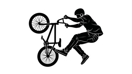 Naklejka premium Dynamic black and white silhouette illustration of a person performing a high wheelie trick on a BMX bike.