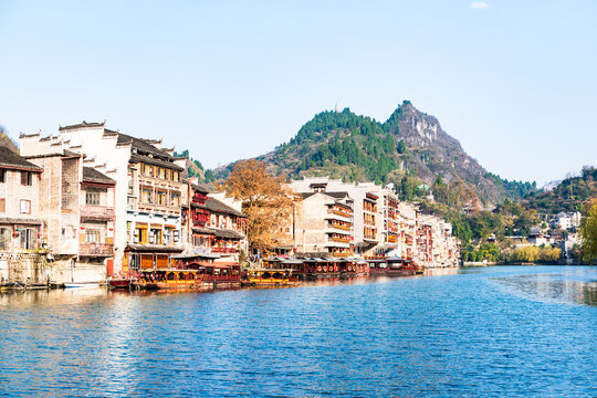 Panoramic Winter Sunset Scenery of Zhenyuan Ancient Town in Qiandongnan, Guizhou, China