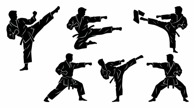 Silhouettes of martial arts practitioners demonstrating various dynamic karate and taekwondo poses, including powerful kicks, punches, and stances, with one breaking a board.