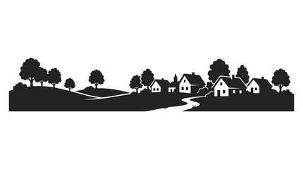 Naklejka premium Black and white silhouette of a picturesque village with houses, trees, hills, and a winding path, depicting a serene rural landscape.