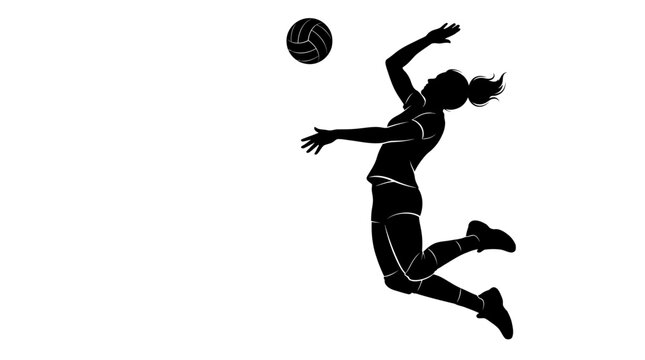 Silhouette of a female volleyball player jumping high to spike the ball during an intense game or practice session.
