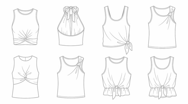 Collection of eight line art illustrations depicting various women's sleeveless tops with unique knot and tie details, fashion flats for apparel design.