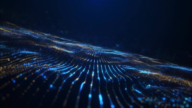 Abstract digital landscape of glowing blue and yellow particles forming dynamic waves, symbolizing data flow, technological innovation, and interconnected global networks