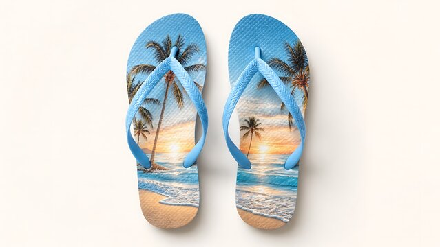 Blue sandals flip flops with sunrise tropical beach and palm tree design isolated on white background