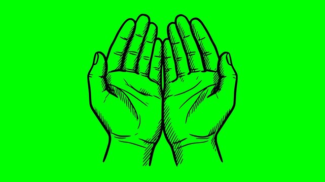 hand drawn animation of open praying hands symbolizing hope and charity Black fill vector graphic isolated on a green screen chroma key background for easy video editing and compositing for religious 
