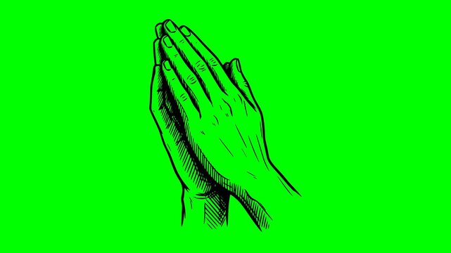 hand drawn praying hands animation with solid black fill on a chroma key green screen background. Perfect isolated graphic element for hope, faith, religion, and spiritual video editing workflows