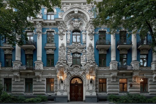 Ornate Art Nouveau Facade with Intricate Carvings and Blue Accents