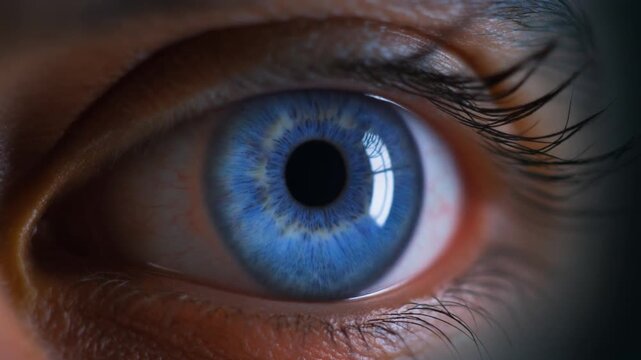 Close-up view of a vibrant blue human eye with detailed iris and dark pupil.