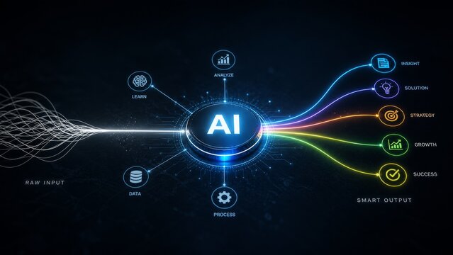Artificial intelligence central processing unit organizes complex new input data into five distinct colored pathways to generate refined smart output for improved growth and future success.